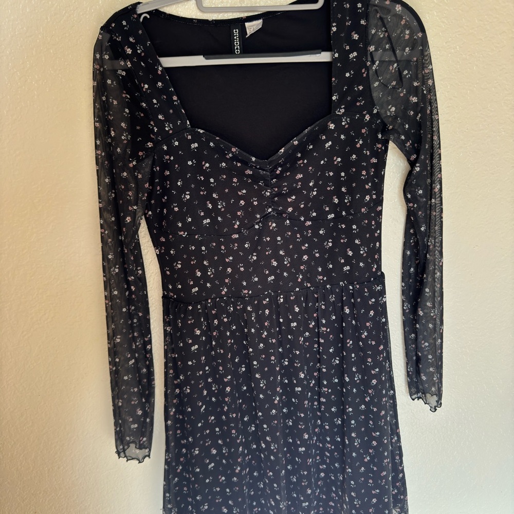 Divided Black Floral Long Sleeve Dress